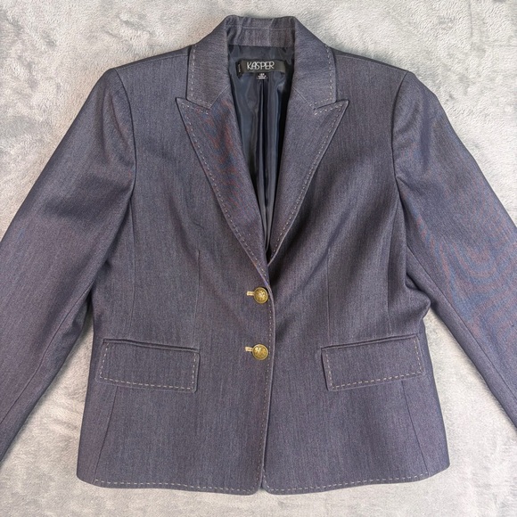 Kasper Blazer Women's 12P Denim-Blue Tailored Two-Button Notch Lapel Business - Picture 2 of 15